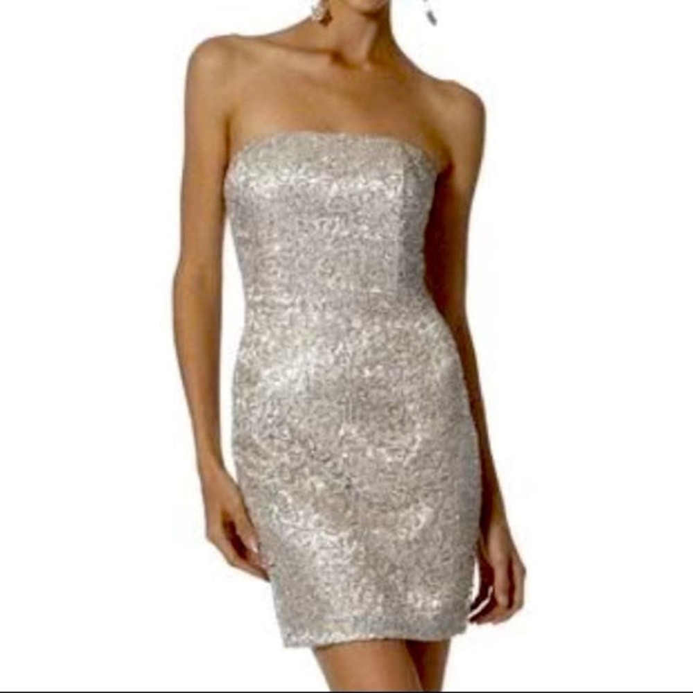 90s Jessica McClintock Silver Lace and Sequin Mini Dress